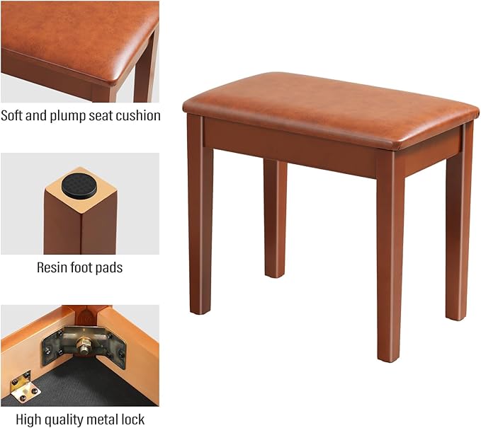AODSK Piano Bench with Cushion,Solid Wood Keyboard Bench Piano Chair Piano Seat,Brown Piano Stool,13.21 x 21 x 18.2 Inches