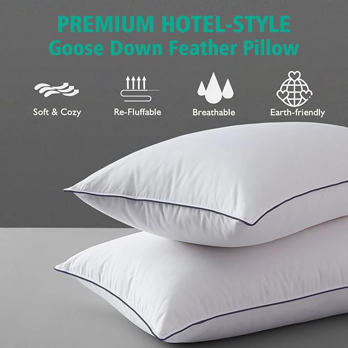 APSMILE Organic Feather Down Pillows Set of 2, Queen Size Bed Pillows for Sleeping with 100% Cotton Cover, 3-Chamber Hybrid Feather Down Core Pillow Surrounded by Polyester for Cushions 20x30 Inches
