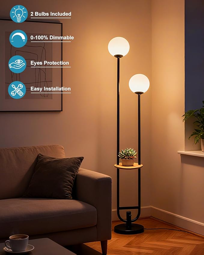 ACOHOOK 63IN Black Floor Lamp, Modern Mid Century Globe Standing Lamps with 3000K LED Bulbs Candle Holder Style Unique Vintage Tall Floor Lamp for Living Room/Wedding