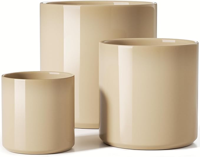 LE TAUCI Ceramic Pots for Plants, 10/8/6 Inch Indoor Planters with Draiange Hole, Silicone Plug & Mesh Pad, Modern Minimalist Pots for Home Office, Set of 3, Glossy, Sand Beige