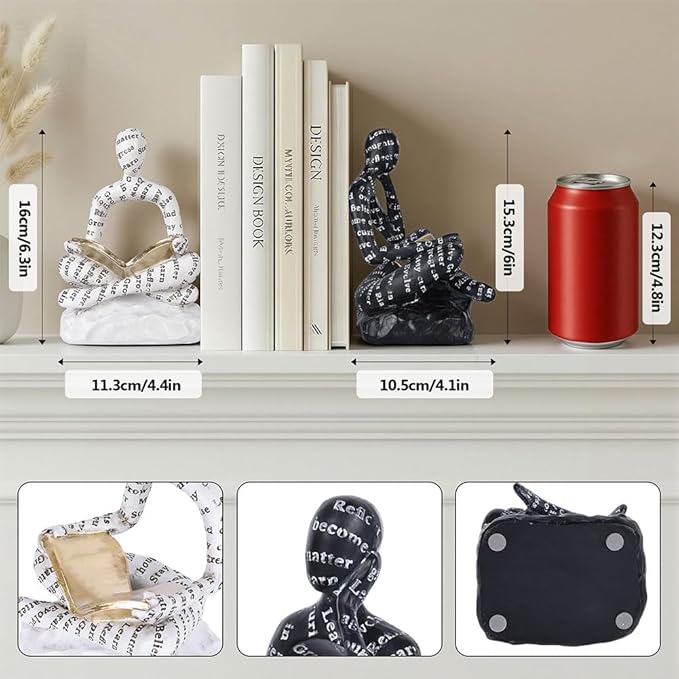Book Ends for Heavy Books Set of 2, Modern Abstract Thinker Book Ends for Shelves and Desk - Resin with Non-Slip Pads, Bookends for Shelves, Modern Black White Office Decor Bookends