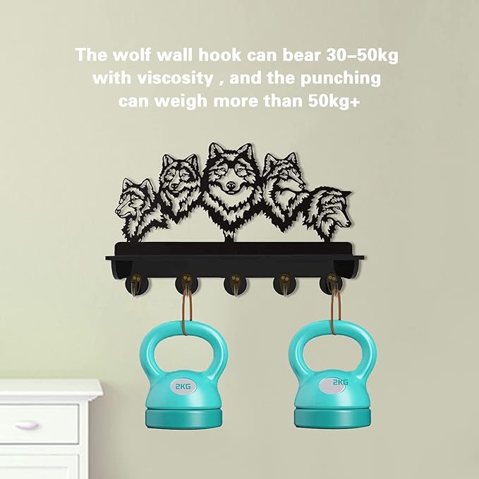KingLive Wolf Wall Mount Coat Rack,Animal Wall Shelf with Heavy Duty Coat Hooks, Home Living Room Bedroom Decor for Hallway Kitchen Office Entryway, Wolf Wall Hook Gifts for Men(5 Hooks)