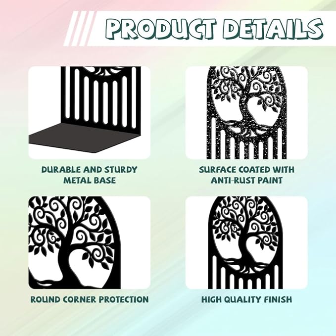 Peacoblue Metal Bookends for Shelves, Modern Decorative Heavy Duty Study Book Ends Stoppers for Office, Desk, Shelf, Room 5.3"x4.3"x7.9" Cast Iron Simple Tall Bookends 1 Pair (Tree of Life Pattern)