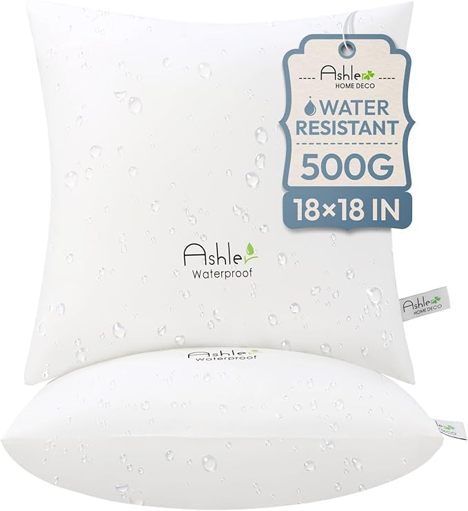 Ashler Home Deco Outdoor Throw Pillow Inserts - 18 x 18 Pillow Inserts Set of 2, Water Resistant Hypoallergenic Pillows Decorative for Garden, Waterproof Pillow for Sofa Couch, White