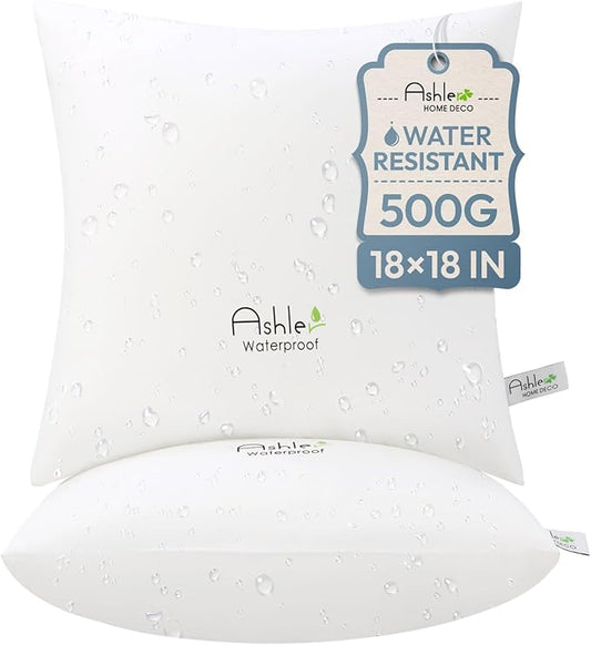 Ashler Home Deco Outdoor Throw Pillow Inserts - 18 x 18 Pillow Inserts Set of 2, Water Resistant Hypoallergenic Pillows Decorative for Garden, Waterproof Pillow for Sofa Couch, White