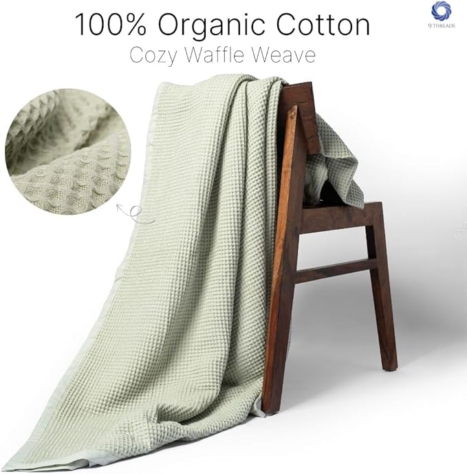 9Threads GOTS Certified Organic Cotton Waffle Weave Blanket, Throw Bed Size, 50"X60"Cozy Throw Blanket for Couch, Modern Home Decor, Throw Blankets,Comfy Waffle Blanket Soft Bed Blankets -Sea Foam