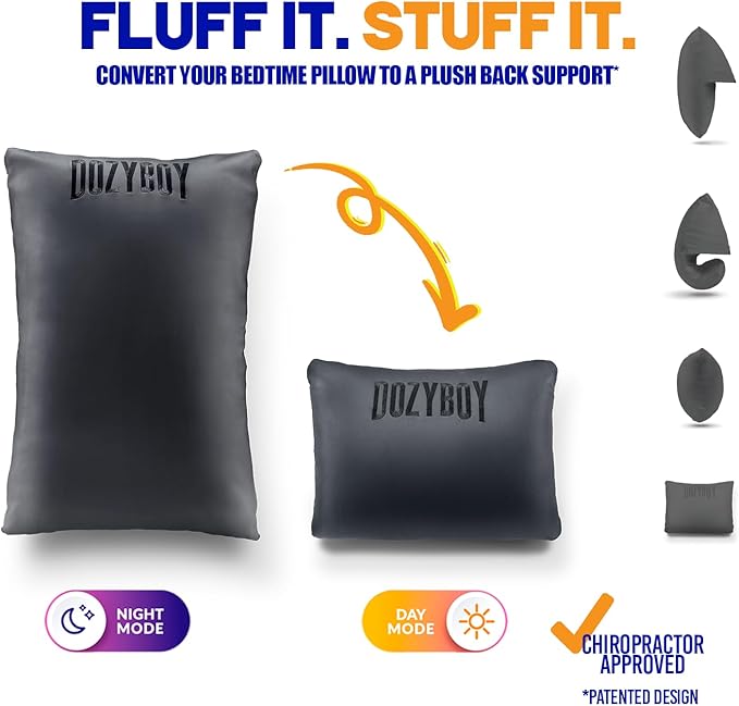 DozyBoy Fluff and Stuff Comfort Pillow | Queen Size Memory Foam Pillows, Chiropractor Designed and Approved 2-in-1 Back Support and Bed Pillows | Fully Adjustable Pillow (Black, Queen (Pack of 1))