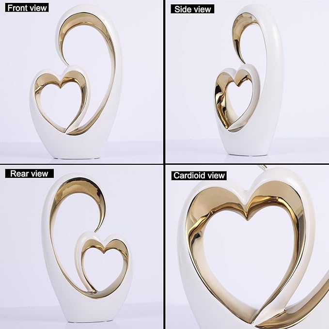 White Gold Ceramic Heart Statues - Abstract Home Sculptures for Bedroom, Wedding, Valentine Decor & Gifts for Women