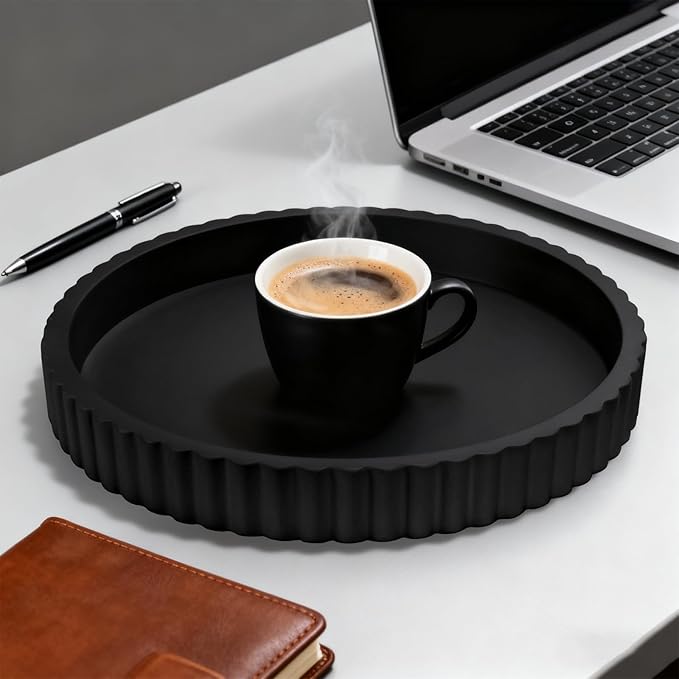 Decorative Tray for Coffee Table, 12'' Resin Modern Decorative Tray for Home Decor, Elegant Table Centerpiece Black Round Fluted Serving Vanity Tray for Bathroom Kitchen Living Room Decor