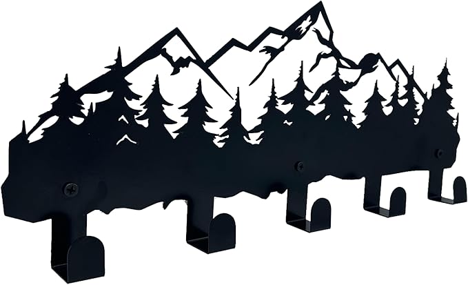 Metal Mountain Coat Hooks and Key Holder, Mountain Design Wall Art Decor, Clothes Hat Rack, and Backpack Hanger, Storage Decor for Living Room, Hallway, Office, Kitchen, Entryway, and Bedroom