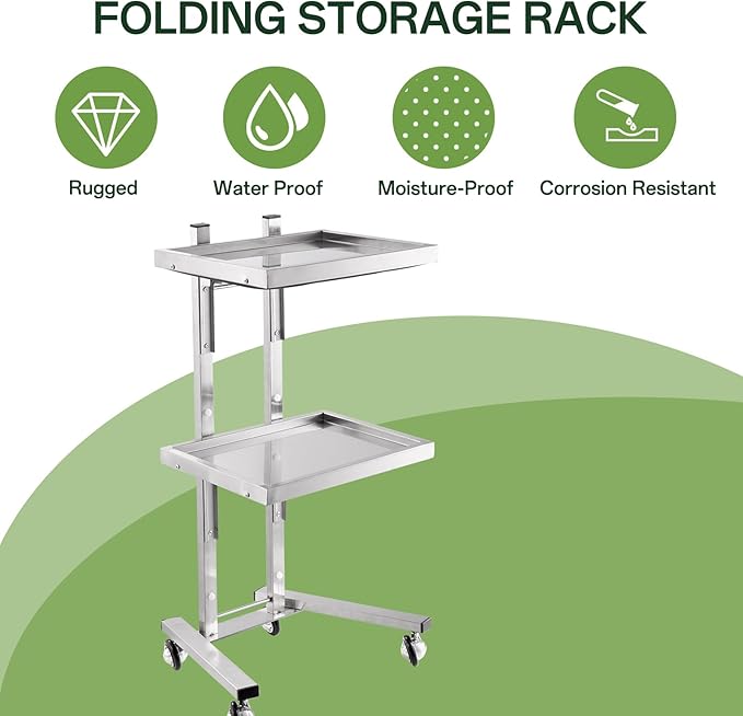 2-Tray Metal Rolling Cart, Stainless Steel Salon Tray Trolley, Foldable Utility Carts Quiet Lockable Wheels, Salon Trolley for Beauty Spa Esthetician dentals Tools, Cavitation Machine, Silver
