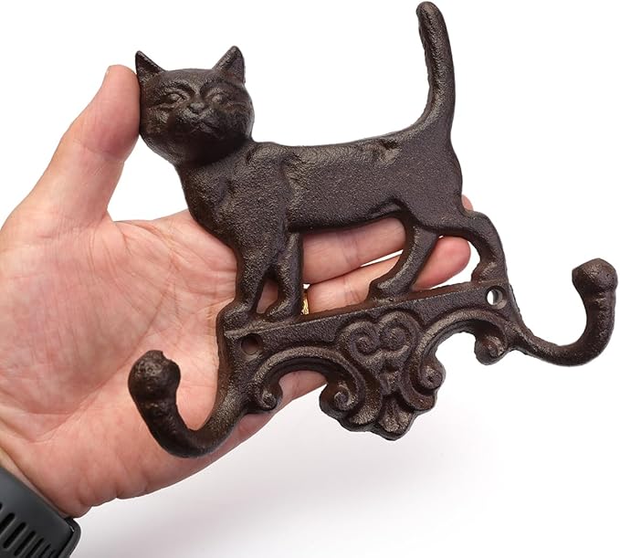 Set of 2 Cast Iron Vintage Dog Wall Hook Decorative Wall Mounted Coat Hooks Rustic Heavy Duty Cute Animal Key Hangers for Dog Leashes, Towels, Hats(Cats)