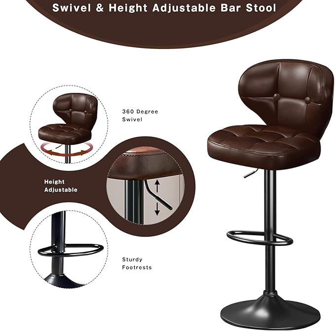 Bar Stools Set of 2,Adjustable Swivel Barstools, Modern PU Leather Upholstered Bar Chair with Back and Footrest,for Bar, Kitchen, Dining Room Brown-2