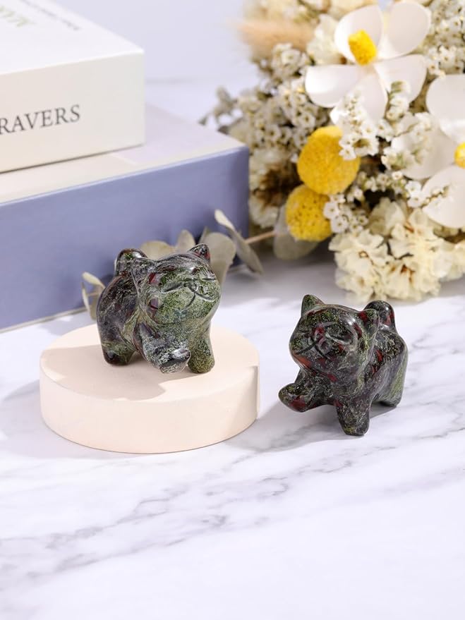 Jovivi Natural Dragon Bloodstone Crystal Cat Statue Home Decor Carved Gemstone Cats Figurine Collectibles Pocket Sculpture Pet Memorial Decorative Ornament Gift for Cat Lovers