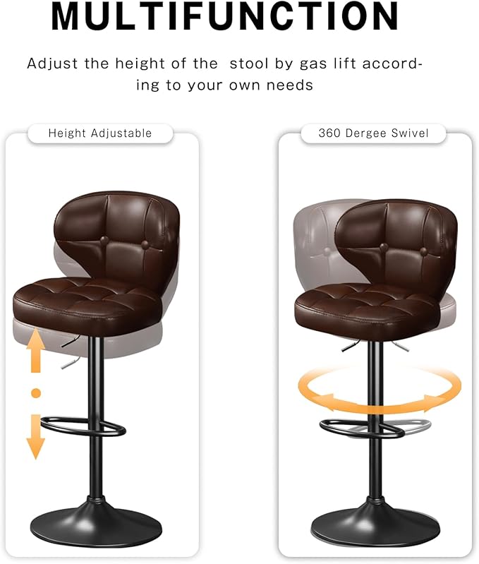 Bar Stools Set of 2, Adjustable Swivel Bar Chairs with 360° Rotation, Padded Counter Stools with Back and Footrest for Kitchen Island, Bistro, Cafe, and Home Use Brown-2pcs