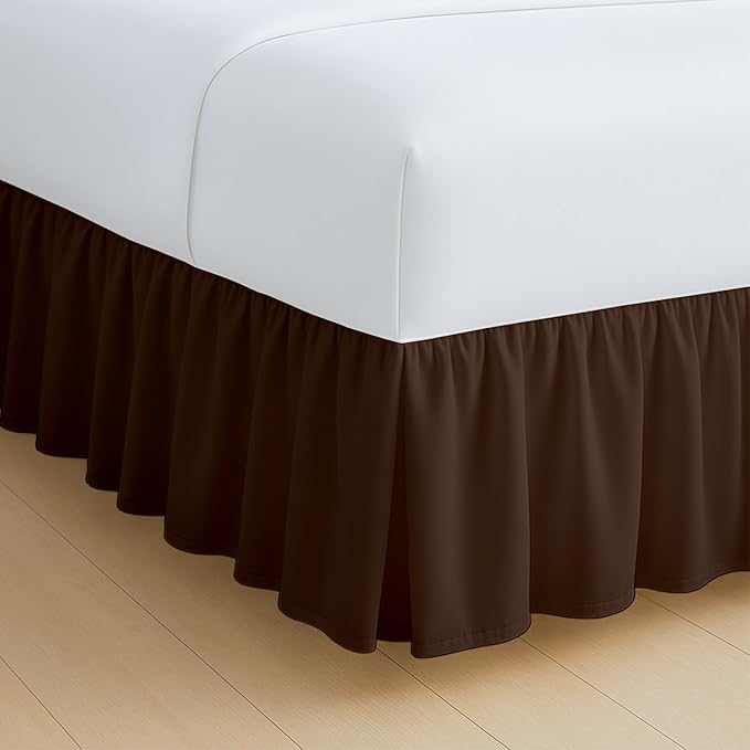 Rajlinen Ruffled Bed Skirt Queen, 8 Inch Drop Dust Ruffle with Split Corners, 100% Microfiber Bedskirt with Platform, Three-Sided Coverage Ruffled Gathering Design, Chocolate