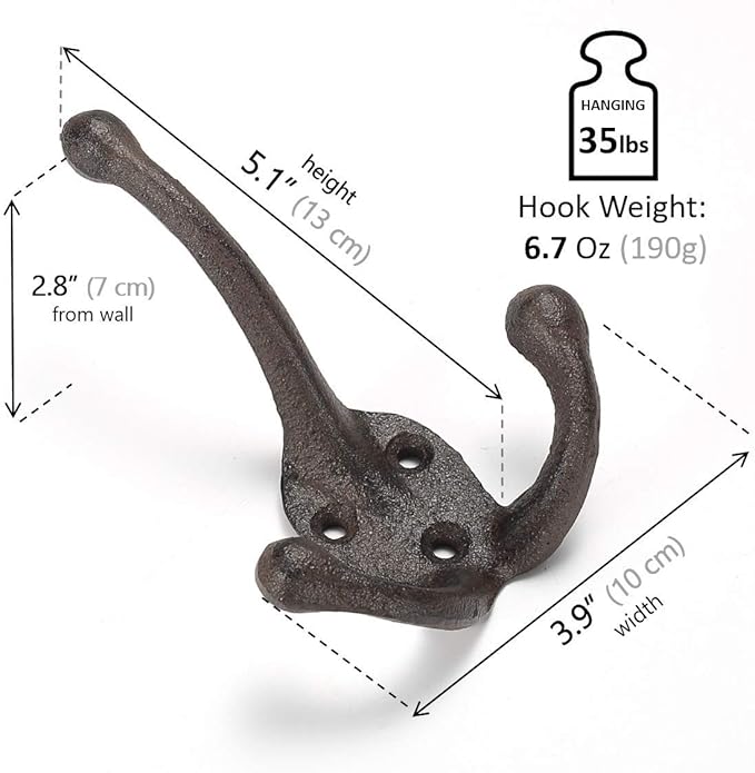 Ambipolar 5-Pack TriLeg Coat Hooks. Wall Mounted, Heavy Duty Decorative Black Wall Hooks for Mudroom, Hat Rack, Purse Hooks. Cast Iron Decorative ‎Antique Black Hooks