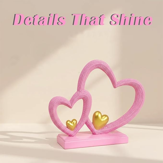 Double Heart Sculpture Valentine’s Day Statue, Faux Beaded Texture with Gold Accents, 7.9" Pink Romantic Decor for Shelf, Mantel, Bedroom, Wedding, for Her