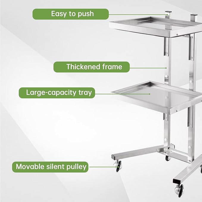 2-Tray Metal Rolling Cart, Stainless Steel Salon Tray Trolley, Foldable Utility Carts Quiet Lockable Wheels, Salon Trolley for Beauty Spa Esthetician dentals Tools, Cavitation Machine, Silver