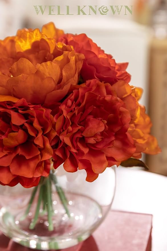 Artificial Flowers in Vase, Silk Peonies Flowers for Vase with Faux Water, Burnt Orange Fake Flower Arrangement for Winter Spring Dinning Wedding Birthday Party Table Centerpieces Decor & Mom's Gift