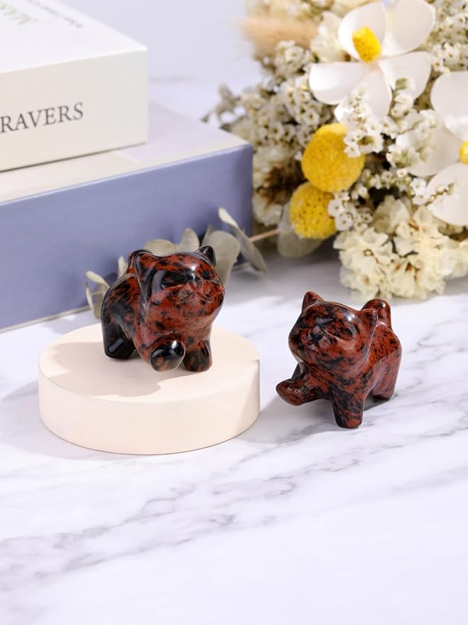 Jovivi Natural Red Obsidian Crystal Cat Statue Home Decor Carved Gemstone Cats Figurine Collectibles Pocket Sculpture Pet Memorial Decorative Ornament Gift for Cat Lovers