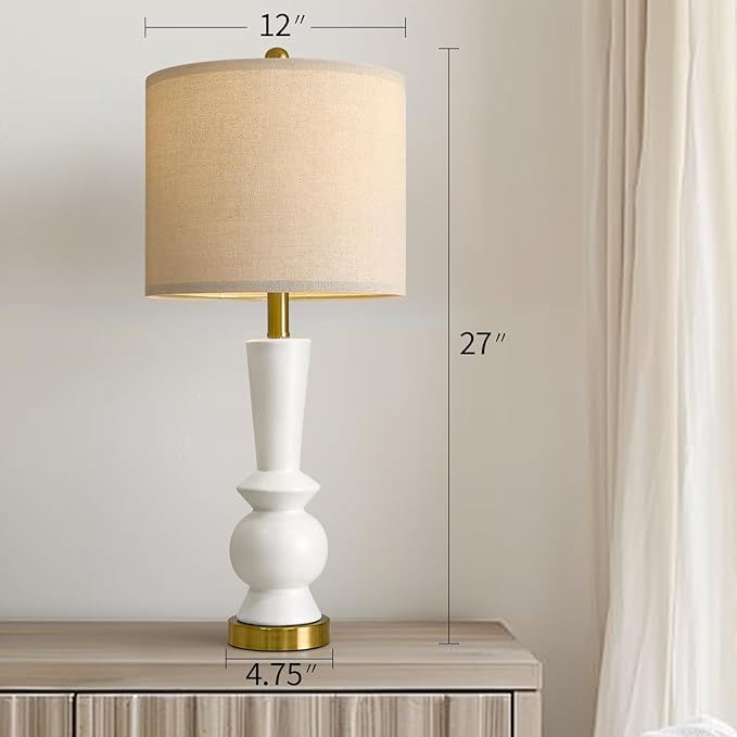 PORTRES 27" Modern Ceramic Table Lamp Set of 2 for Living Room White & Gold Bedside Lamps for Bedroom Nightstand Lamp Tall End Table Lamps