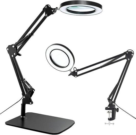 15X Magnifying Glass with Light – Real Glass Lens, 3 Color Modes & Adjustable Brightness – 2-in-1 Desk Lamp with Clamp & Heavy Base – Flexible Swing Arm – Ideal for Crafts, Reading, Repair, Seniors
