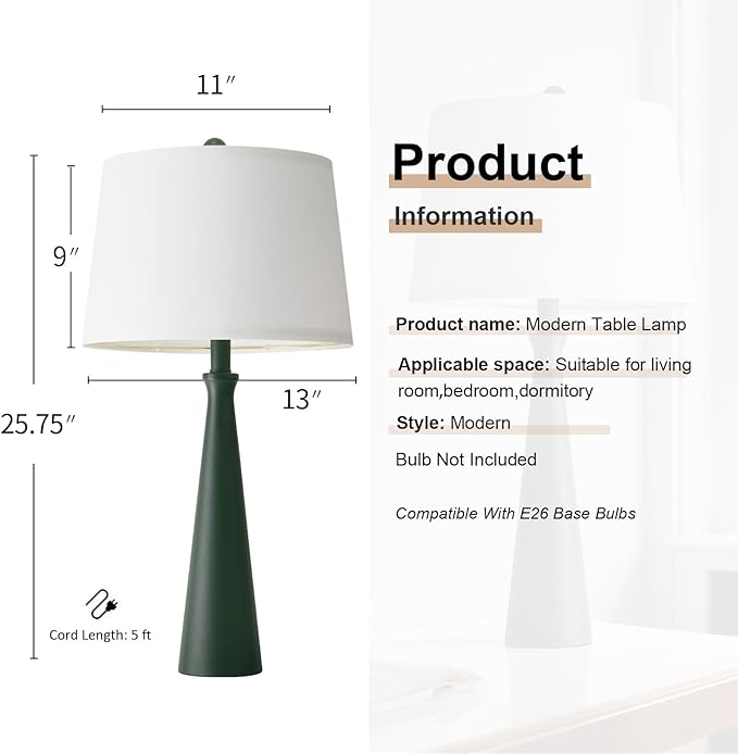 Oneach 25.75" Green Table Lamp Set of 2, Bedside Lamps with USB Ports, Modern Nightstand Lamps Set for Living Room Bedroom House Bedside Home Office Family