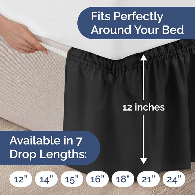 Wrap Around Dust Ruffle Bed Skirt - Black - for Queen Size Beds with 12 Inch Drop - Easy Fit Elastic Strap - Adjustable Pleated Bedskirt w/Brushed Fabric - Wrinkle Free - for Women, Men, Kids & Teens