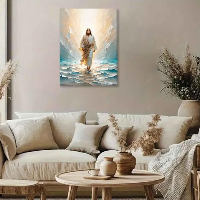 Jesus Walking On Water Canvas Wall Art Christian Bible Stories Wall Decor Picture Divine Light Modern Religious Poster Prints for Living Room Bedroom Church Home Decoration 16"x24"
