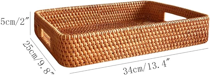 i-lan 13 Inch Handcrafted Serving Tray Rectangle Rattan Display Tray Plates with Cutout Handles and 2" Wall,Wicker Ottoman Coffee Table Decor Basket Tray Organizer Platter for Snack, Candy, Fruit,S