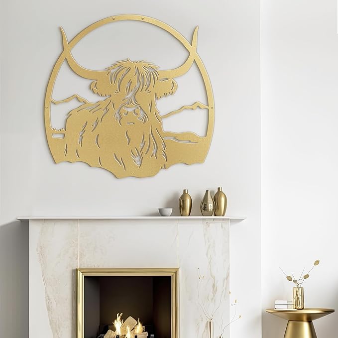 SIGNLEADER Metal Wall Art DecorHighland Cow with Mountain Minimalist Modern Abstract Wall Sculpture Hangings Home Decoration for Living Room, Bedroom, Bathroom, Kitchen, Outdoor - 18" Gold