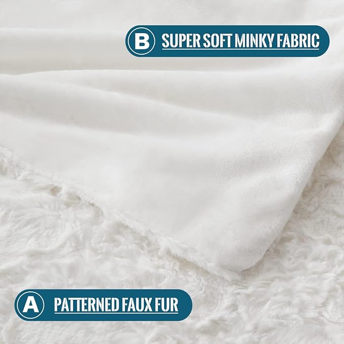 KAWAHOME Faux Fur Blanket King Size Winter Ultra Luxury Soft Cozy Warm Fluffy Plush Faux Rabbit Fur Blankets Quatrefoil Pattern for Couch Sofa Bed, 108" X 90" White