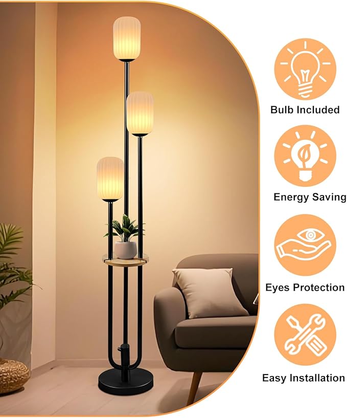 ACOHOOK Floor Lamp for Living Room, Dimmable Vintage Floor Lamp with Shelf & LED Bulbs, 3 Light 3000K Soft Warmwhite Mid Century Standing Lamp, Tall Lamps for Bedroom Office
