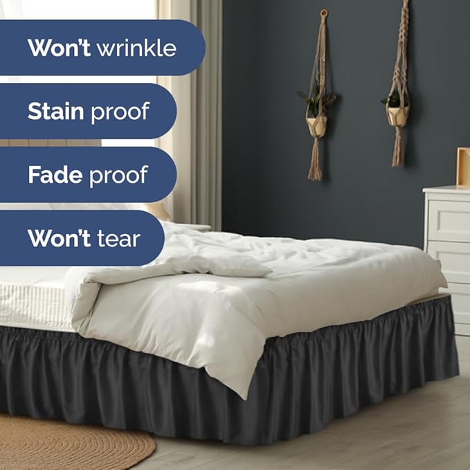 Wrap Around Dust Ruffle Bed Skirt - Black - Twin/Twin XL Size Beds with 15 Inch Drop - Easy Fit Elastic Strap - Adjustable Pleated Bedskirt w/Brushed Fabric - Wrinkle Free - Women, Men, Kids & Teens
