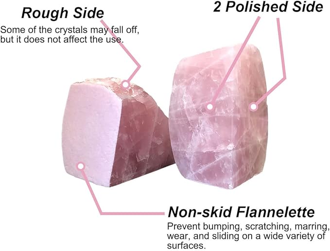 Natural Rose Quartz Bookends Decorative Crystal Book Ends Pink Stone Heavy Duty Gemstone Bookend 1 Pair 3-4 LBS