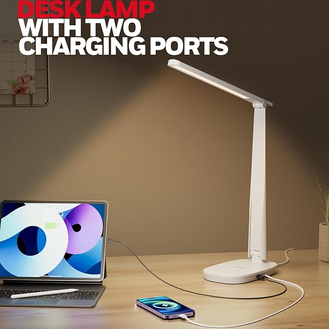 Honeywell LED Desk Lamp - HWT-H2 Sunturalux™ Eye-Caring Foldable Desk Light with USB A+C Dual Charging Port 4 Color Modes Dimmable Table Lamp for Home Office Bedroom Reading Study Work - White