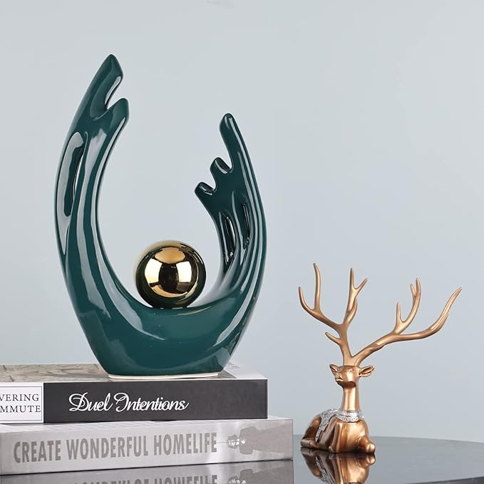 LCCCK 9.5" H Teal Gold Aesthetic Room Decor Accent, TV Stand Funky Table Centerpiece, Abstract Art Ceramic Statue and Sculpture, Teal Decor for Living Room, Bookshelf Decorative Objects, Shelf Decor