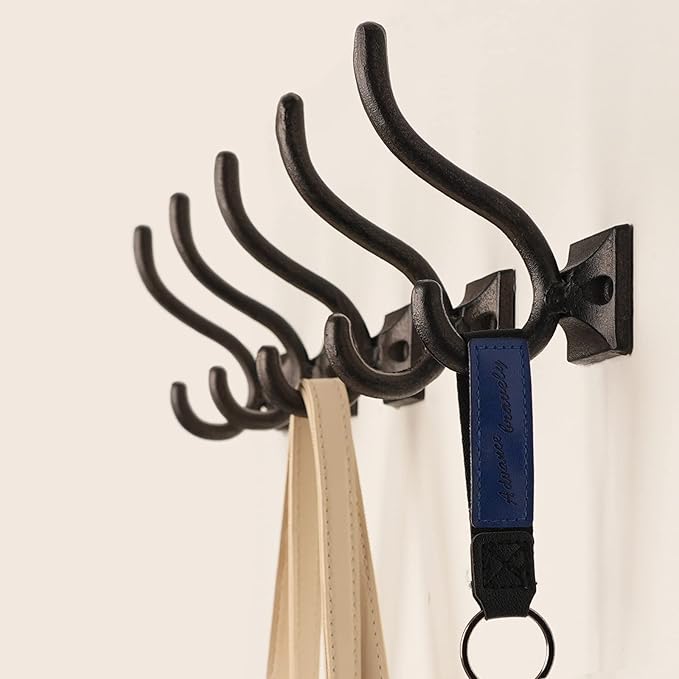 Ambipolar 5-Pack Antique Black Wall Hooks, Vintage Modern Farmhouse Style, Decorative Cast Iron Wall-Mounted Hooks, Heavy Duty Hooks for Mudroom, Bedroom, Hallway
