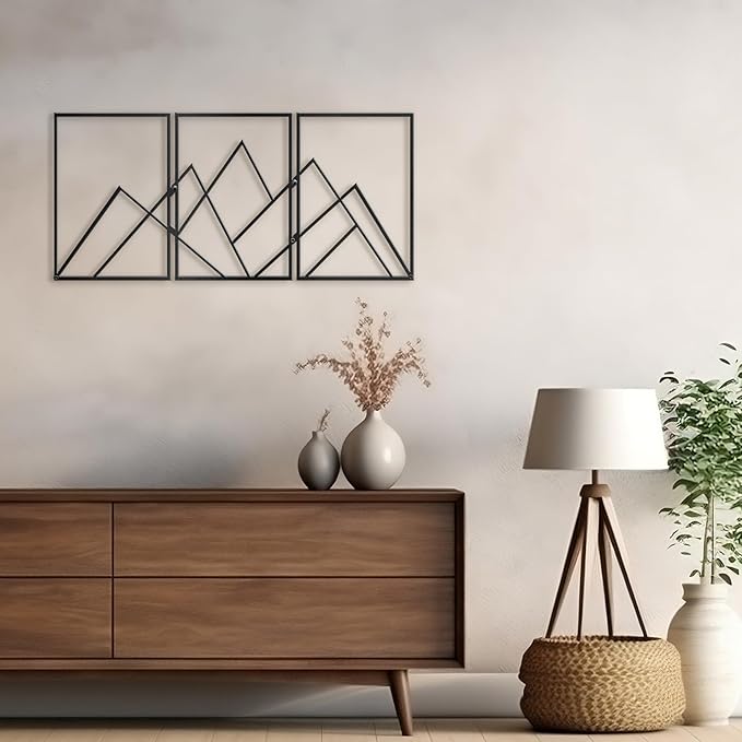 SIGNLEADER Metal Wall Decor Triangle Mountains Line Minimalist Modern Luxury Wall Sculpture Hangings 3D Statue Home Decoration for Living Room, Bedroom, Bathroom, Kitchen, Fireplace, Office - 24" Black