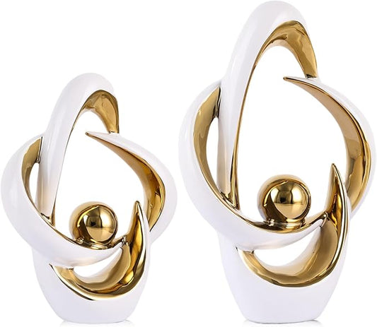 2PCS Home Decor Accent Ceramic Statue Abstract Sculptures Centerpieces Mid Century Modern Decor for Tables Coffee Table top Decorations for Living Room Desktop Shelf Dining Room Kitchen (White Gold)