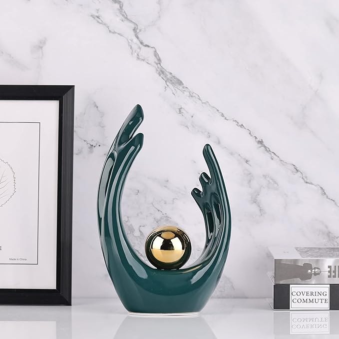 LCCCK 9.5" H Teal Gold Aesthetic Room Decor Accent, TV Stand Funky Table Centerpiece, Abstract Art Ceramic Statue and Sculpture, Teal Decor for Living Room, Bookshelf Decorative Objects, Shelf Decor