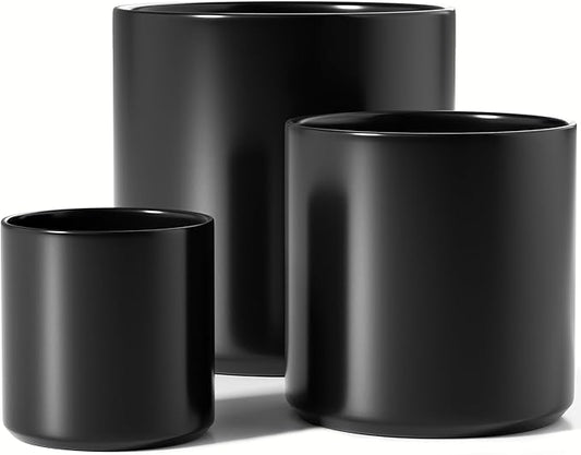 LE TAUCI Ceramic Pots for Plants, 10/8/6 Inch Indoor Planters with Draiange Hole, Silicone Plug & Mesh Pad, Modern Minimalist Pots for Home Office, Set of 3, Satin, Black