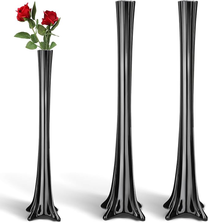 Roshtia 6 Pcs Eiffel Tower Vase Bulk 16 Inch Flute Vases Tall Glass Long Skinny Base Glass for Wedding Centerpiece Flowers Home Table Decorations Formal Dinners (Black)