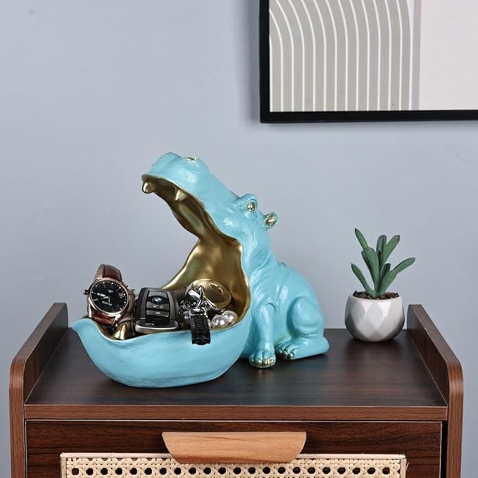 Hippo Figurine Candy Dish & Key Bowl - Unique Resin Hippopotamus Statue for Office Desk & Entry Table Decor - Multifunctional Sundries Container, Jewelry Stand, and Wallet Holder - Cute Hippo Gifts