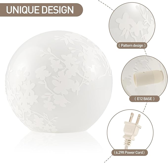 7.8 Inch Ball Table Lamp with Glass Shade Stylish Ball Light Lamp for Bedroom Living Room and Bookshelf Modern Design Perfect for Home Decor, Without Bulb (White Flower)
