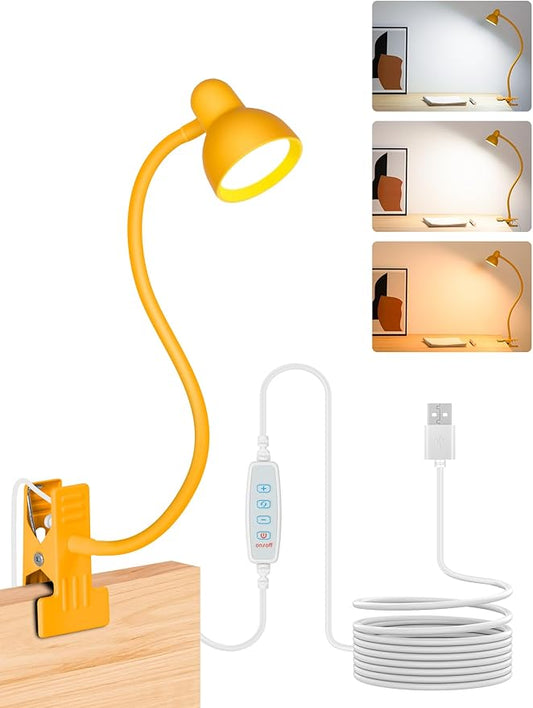Clip on Reading Light for Bed 3 Color Modes, 10 Brightness Dimmable, Flexible Gooseneck Clip on Lamp, Eye Care Clip Light for Bed Headboard Desk Home Dorm, Yellow