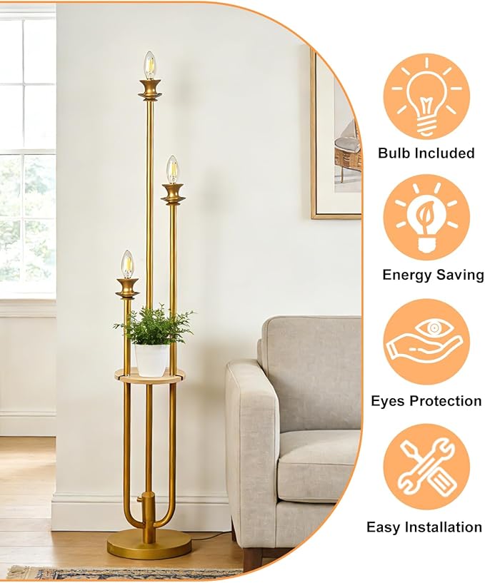Lightdot Gold Dimmable Floor Lamp with Table, Modern Floor Lamps for Living Room, 3000K Warm Lights Tall Standing Lamp with Candle Bulb for Bedroom/Home Office