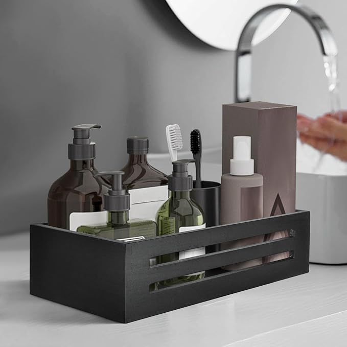 Bathroom Decor Box,Wooden Toilet Tank Topper Basket Tray,Back of Toilet Basket for Paper Storage Bathroom Counter Organizer (Black, Set of 2 Pieces)
