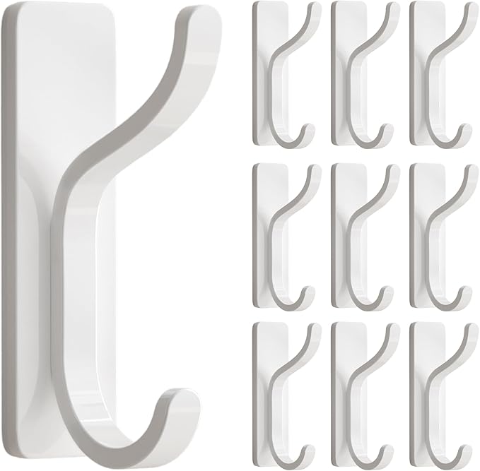 pickpiff Adhesive Wall Coat Hooks - Heavy Duty Stick-On Door Hanger, Metal Hook for Hanging Towel,Purse, Robe, Backpack, Jacket, Clothes - for Bathroom,Dorm, Closet, Kitchen - White, 10 Pack